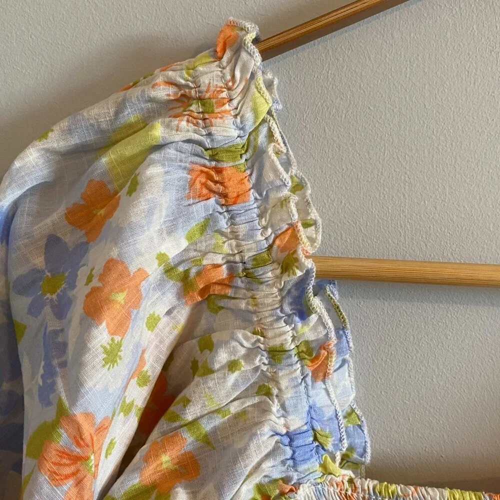 Floral Cropped Blouse Smocked Bodice, Billow Sleeves Feminine Summer Pastel Boho - Picture 3 of 9